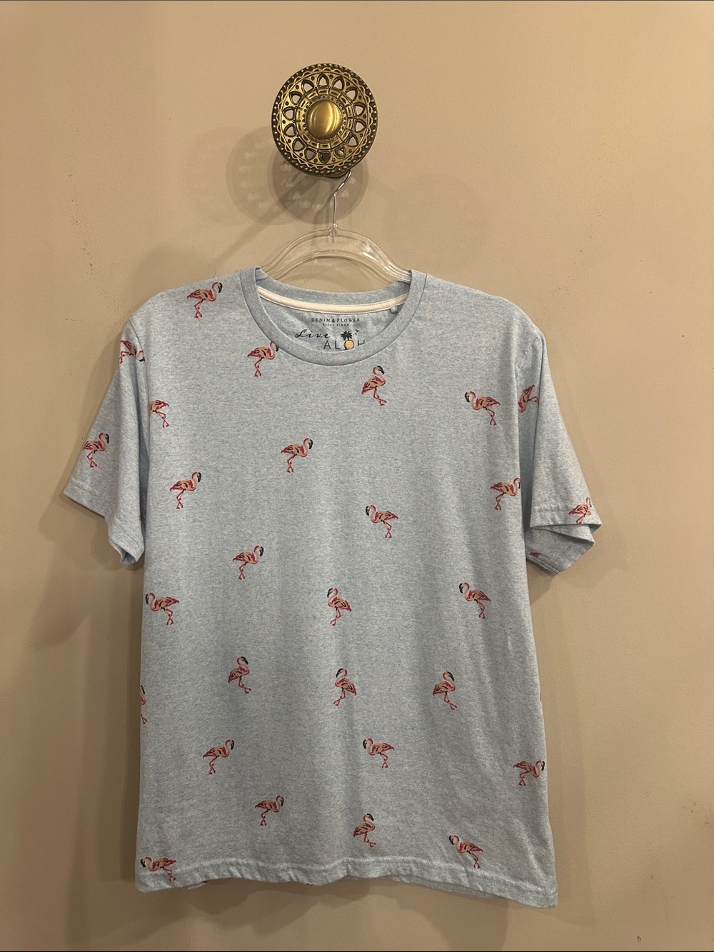 Denim & Flower Ricky Singh Light Blue Tee with pink Flamingo Print